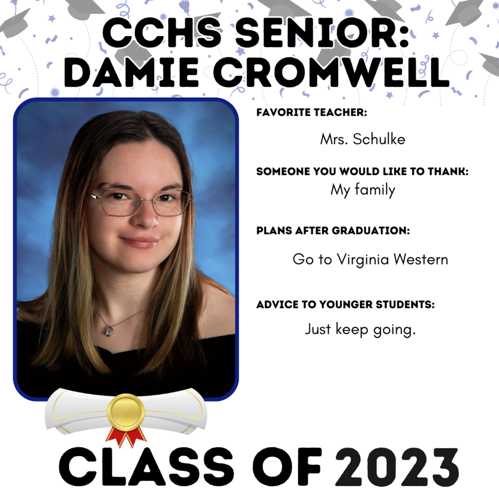 Picture of Damie Cromwell, Senior Spotlight Student for May 21, 2023