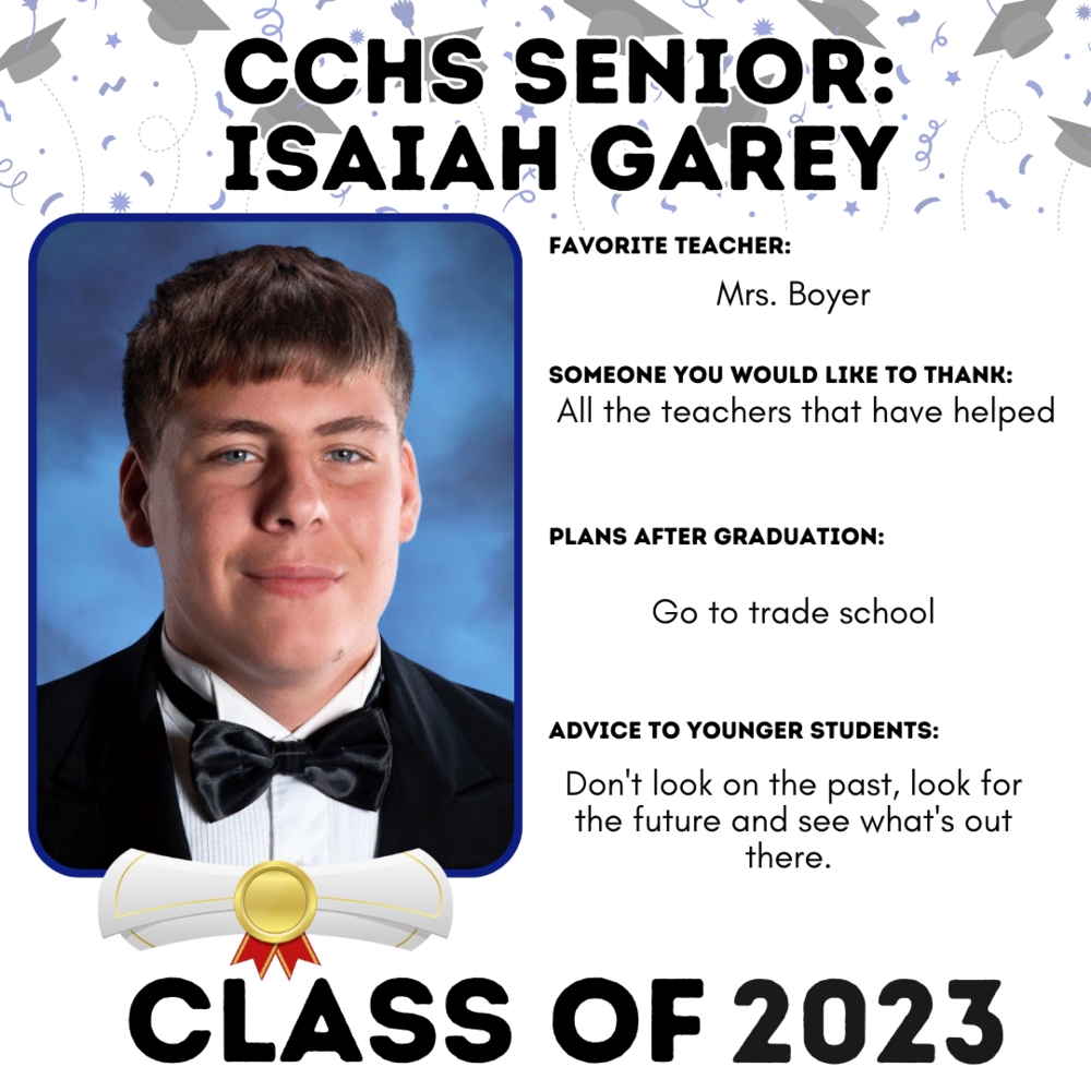 Picture of Isaiah Garey, Senior Spotlight Student for May 20, 2023